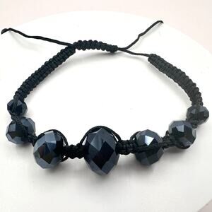 Vintage 90s Black Glass Beaded Macrame Bracelet Boho Classic Fashion Jewelry Y2K
